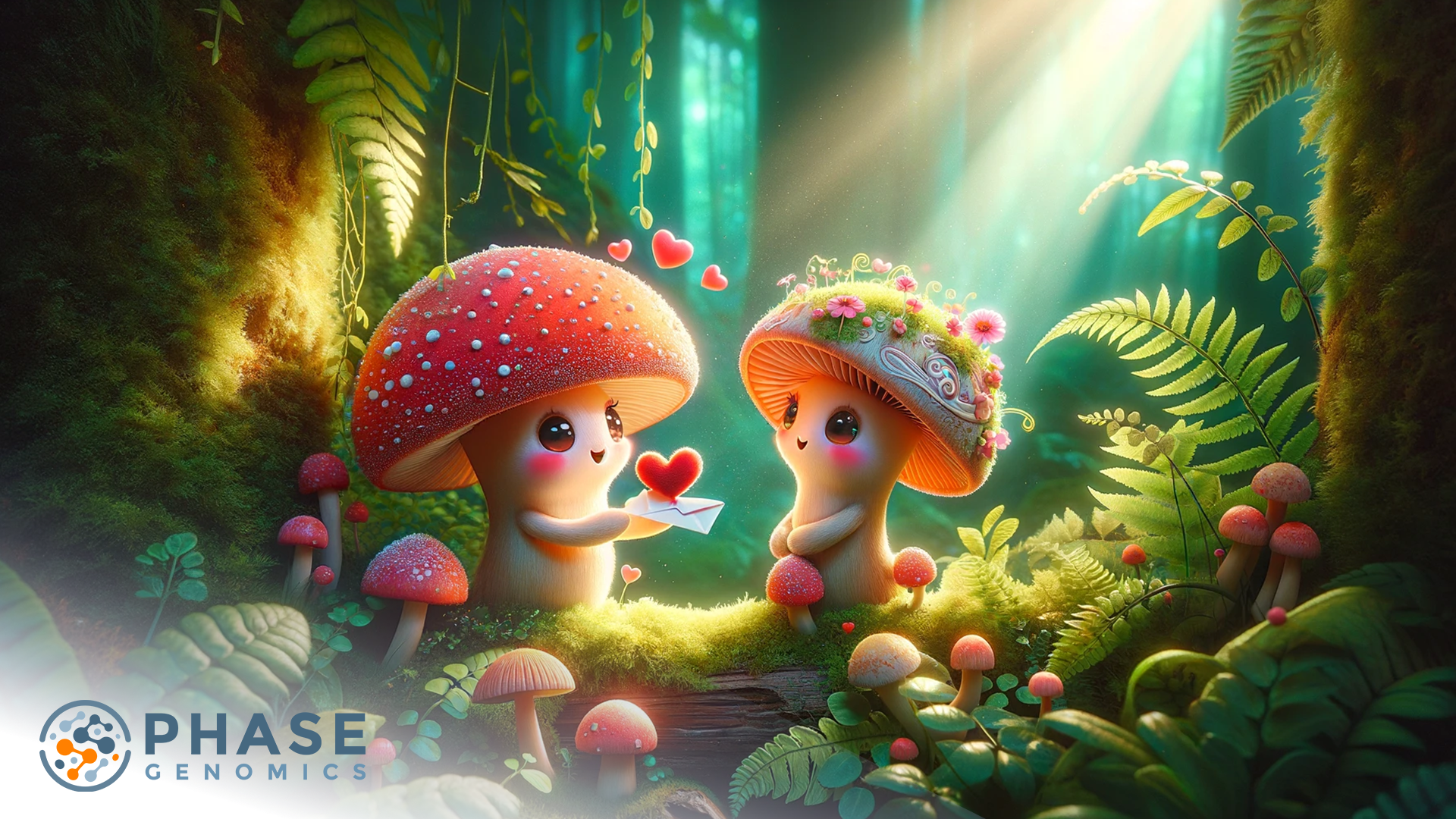 two fungi exchange love letters in a whimsical forest scene